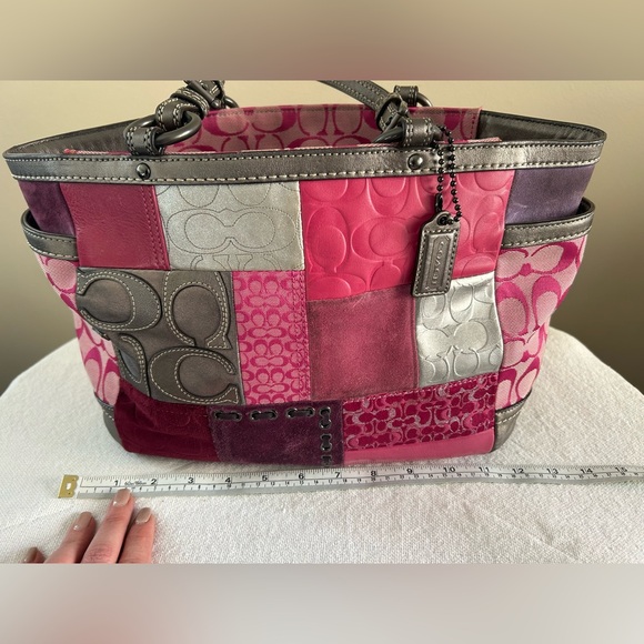Coach Patchwork Shoulder Bag Purse Calico Pink Grey Metallic Leather Suede - Picture 12 of 13